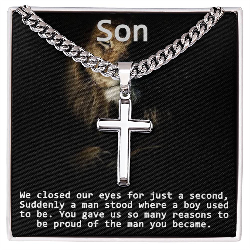 To Our Son-We Are Proud-Cross Necklace Cuban Chain
