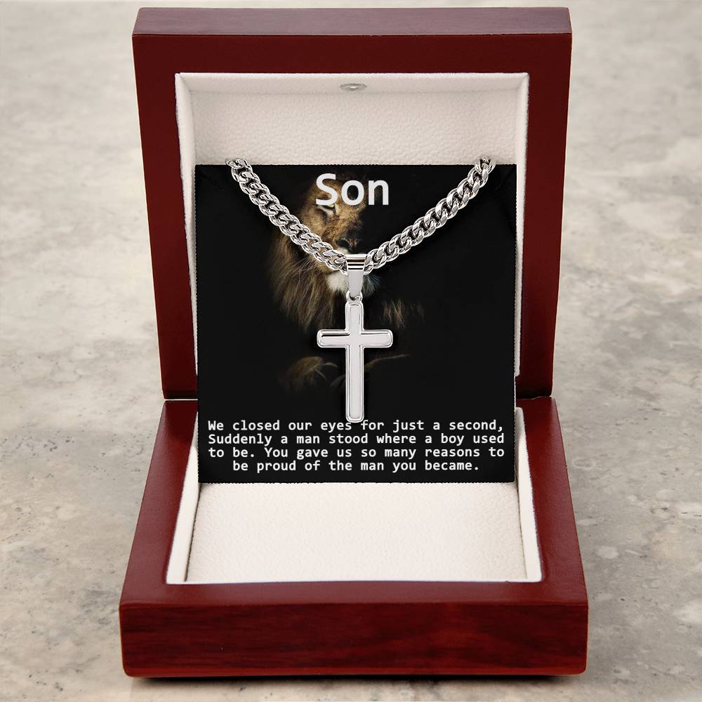 To Our Son-We Are Proud-Cross Necklace Cuban Chain